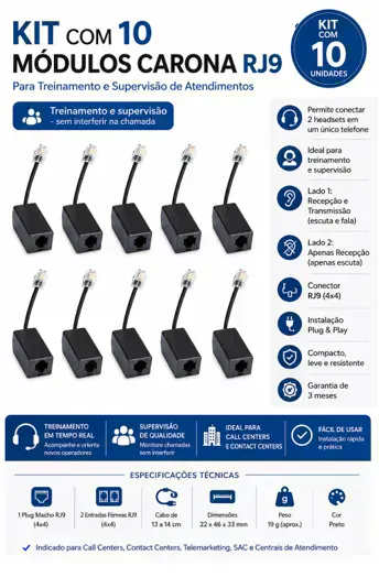 Kit 10 M�dulos Carona RJ9 para Headset Telemarketing Treinamento Call Center Supervis�o