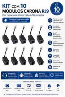 Kit 10 M�dulos Carona RJ9 para Headset Telemarketing Treinamento Call Center Supervis�o